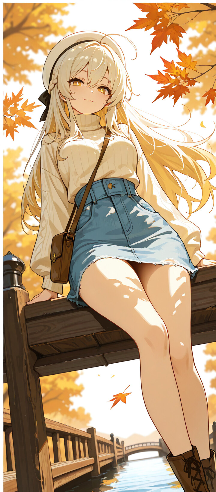 Lumine, personnage du jeu Genshin Impact, avec de longs cheveux blonds et un béret blanc, portant un pull à col roulé couleur crème et une jupe en jean, assise sur un pont en bois entouré de feuilles d’automne qui tombent.
