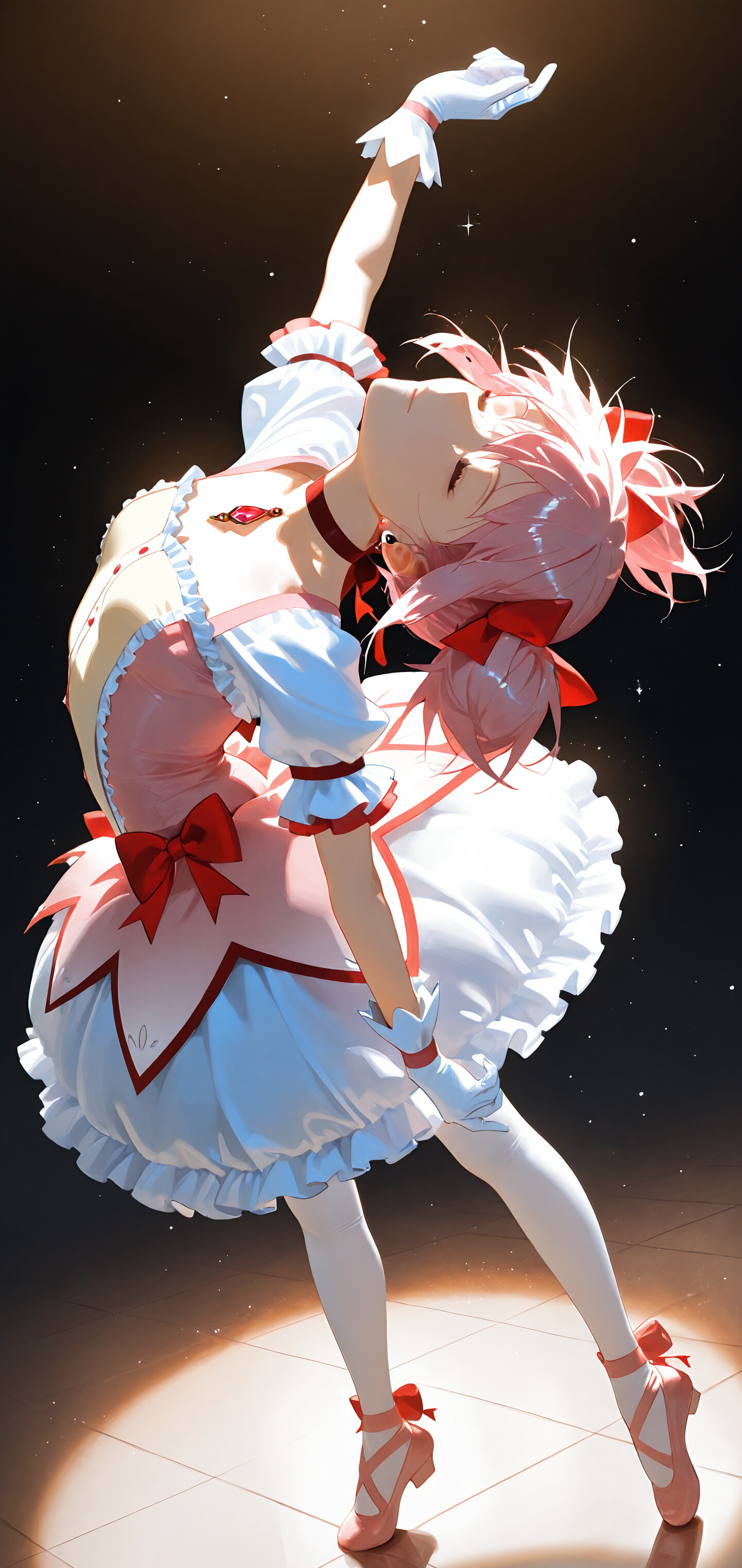 Madoka Kaname, issue de la série *Puella Magi Madoka Magica*, porte une robe de ballerine rose et blanche et danse avec grâce sous un projecteur, les yeux fermés, sur fond d’un ciel étoilé.
