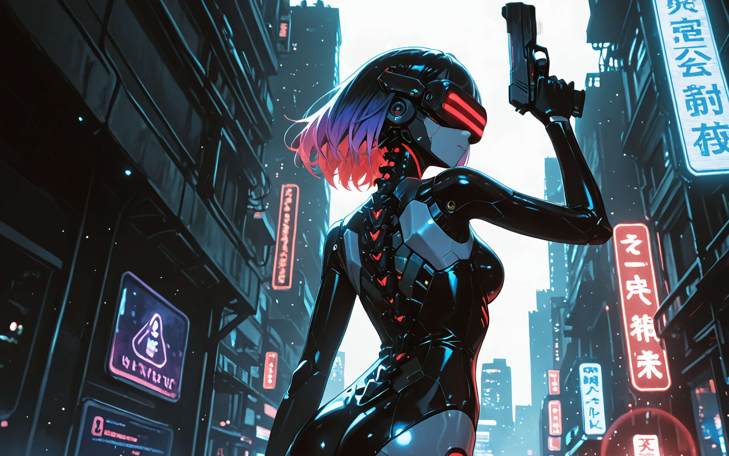 Une illustration de style manga représentant Motoko Kusanagi, le cyborg de Ghost in the Shell. Elle a les cheveux courts, de couleur violette, porte une visière rouge et est vêtue d’une combinaison cybernétique noire dont on peut voir la colonne vertébrale mécanique. Elle tient un pistolet et regarde par-dessus son épaule, dans une ville futuriste illuminée par des néons, au cœur de la nuit.