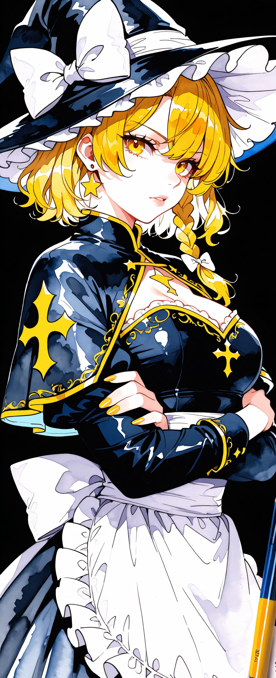 Une illustration de Marisa Kirisame, issue de la série Touhou Project, dans un style inspiré des mangas et des animés. Cette sorcière blonde, aux yeux jaunes lumineux, porte un grand chapeau noir orné d’un nœud blanc et une robe noire et blanche. Elle est représentée debout, les bras croisés, sur un fond noir constellé d’étoiles.