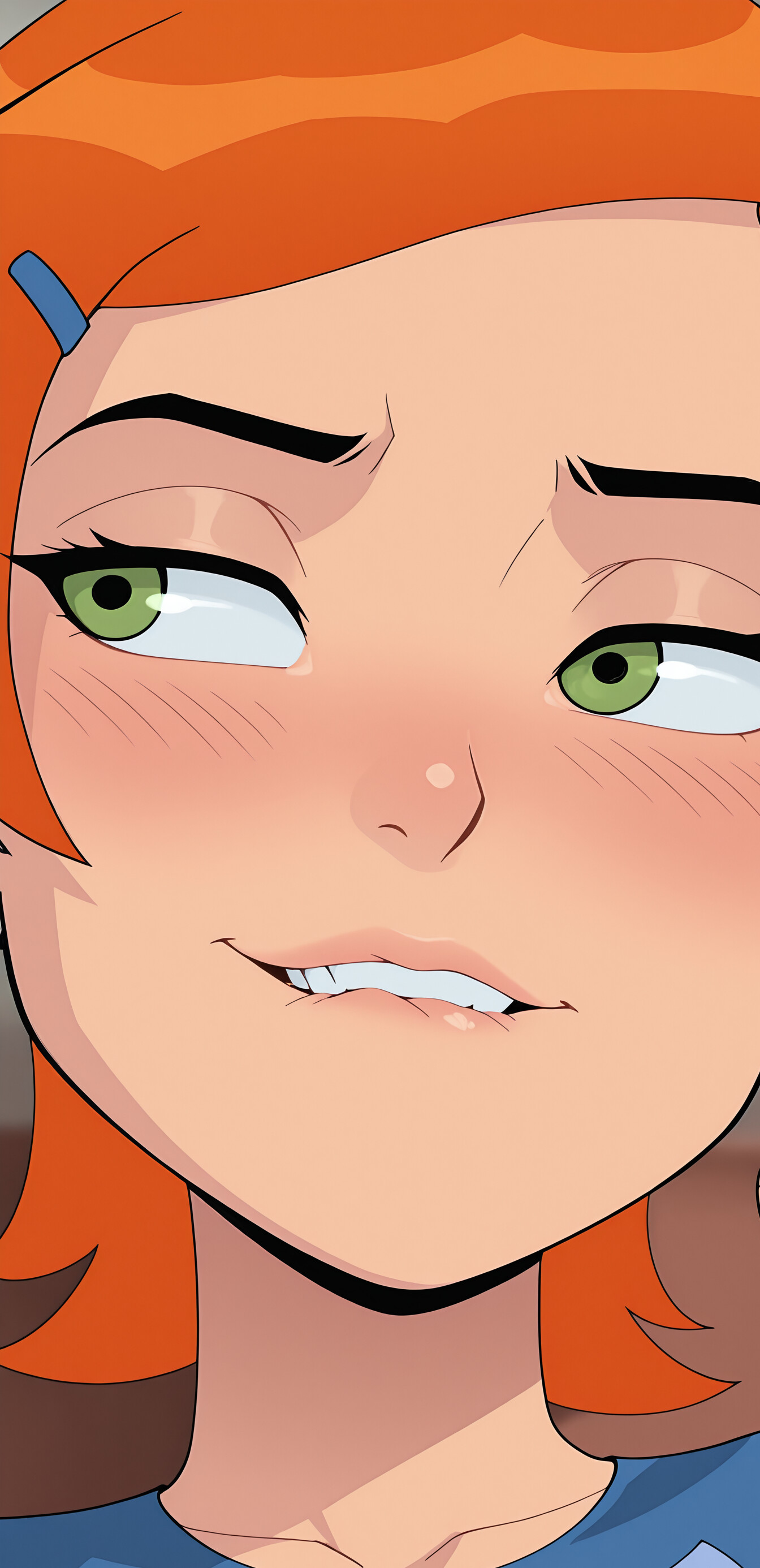 Portrait numérique de Gwen Tennyson, personnage de la série Ben 10, avec des cheveux orange et des yeux verts. Elle affiche un regard espiègle et légèrement rougissante, et mordille sa lèvre.