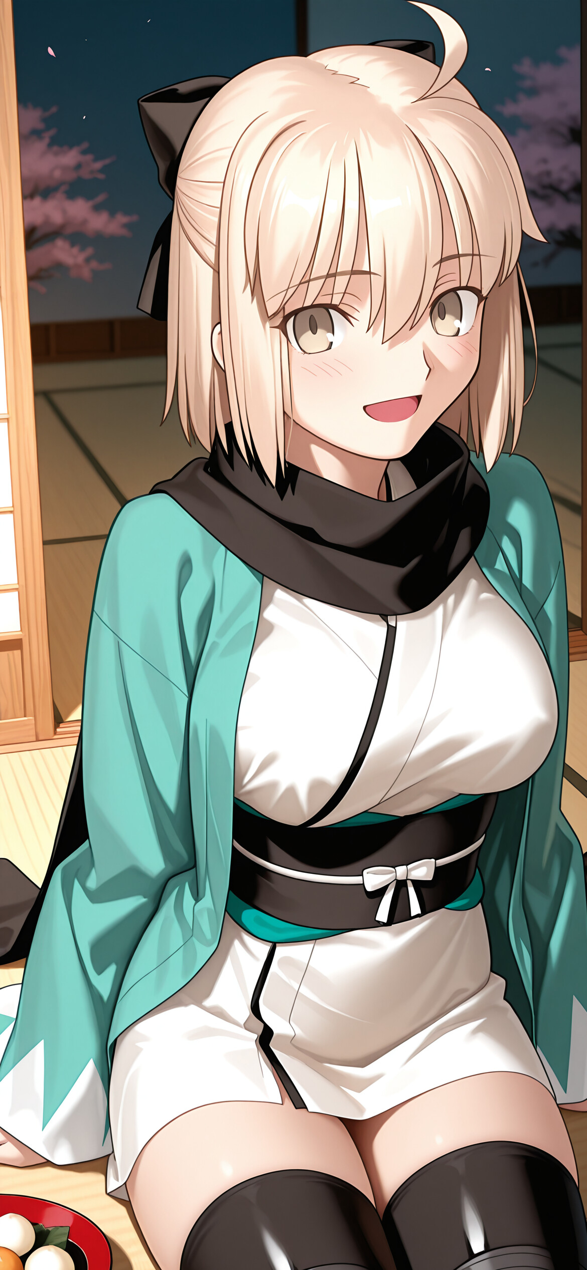 Okita Souji, un personnage blond d’anime issu de Fate/Grand Order, est assise dans une pièce de style japonais traditionnel, un sourire chaleureux aux lèvres, et tient un dango à la main. Elle porte un haori turquoise par-dessus un kimono blanc.