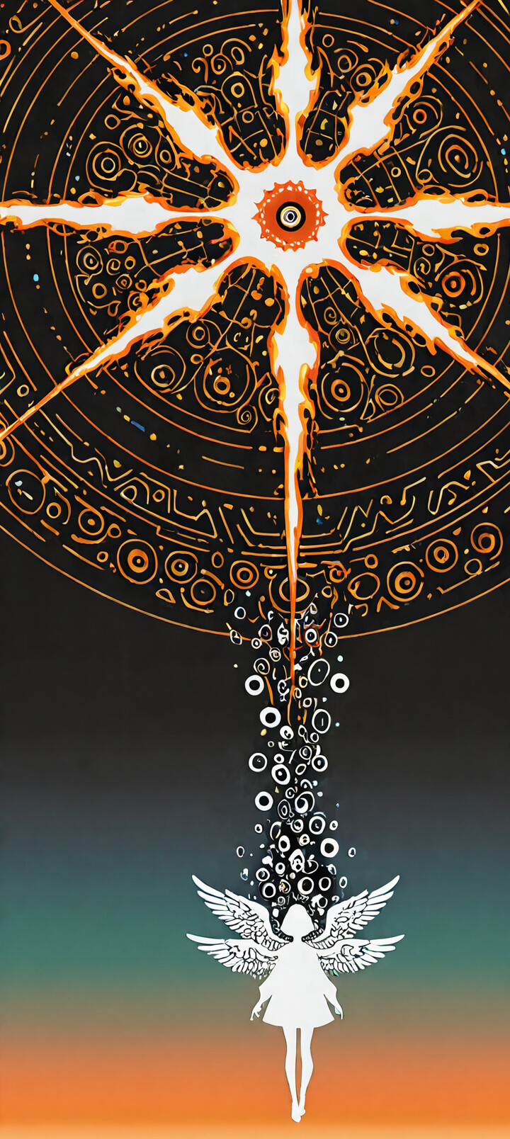 Une illustration abstraite et à fort contraste représentant une entité céleste. Un grand cercle noir, rempli de nombreux petits yeux, forme la tête, avec un seul œil rougeoyant au centre. Cet ensemble est entouré d’un halo blanc, duquel émanent des rayons noirs semblables à ceux du soleil. En dessous, on aperçoit la silhouette blanche et minimaliste du torse d’une femme, se détachant sur un fond noir et rouge foncé.