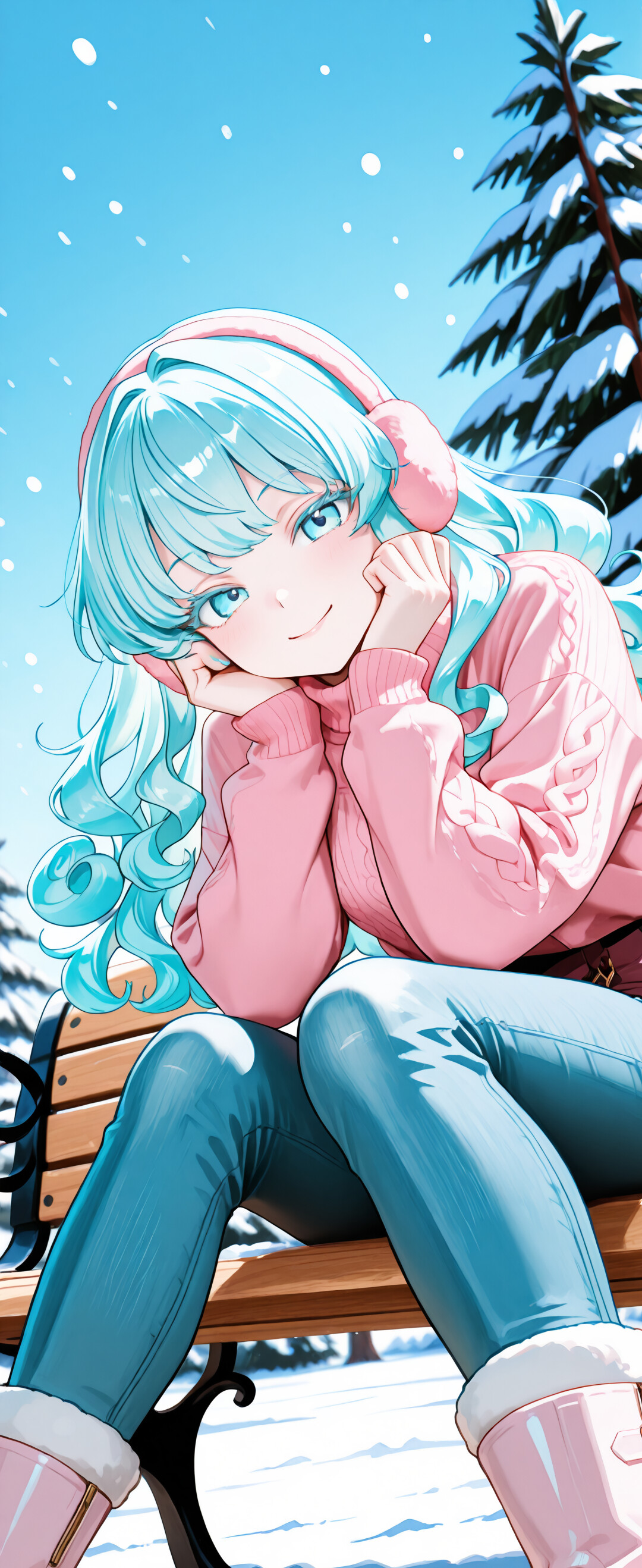 Une jeune fille issue d’un dessin animé, avec des cheveux bouclés de couleur turquoise et un pull rose, est assise sur un banc dans un parc, dans un décor hivernal enneigé. Elle sourit et repose sa tête dans ses mains.