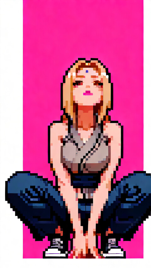 Une illustration en pixel art représentant Tsunade, personnage de Naruto, accroupie et levant les yeux vers une étoile brillante unique, sur un fond rose.