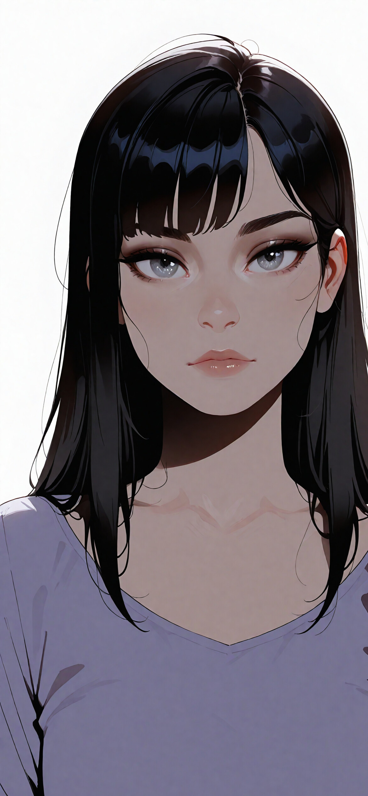 Une illustration numérique représentant une jeune femme aux cheveux noirs courts, avec une frange et des yeux gris perçants, qui regarde directement l’objectif de la caméra. Elle porte une chemise lavande sur un débardeur noir, le tout sur un fond blanc.