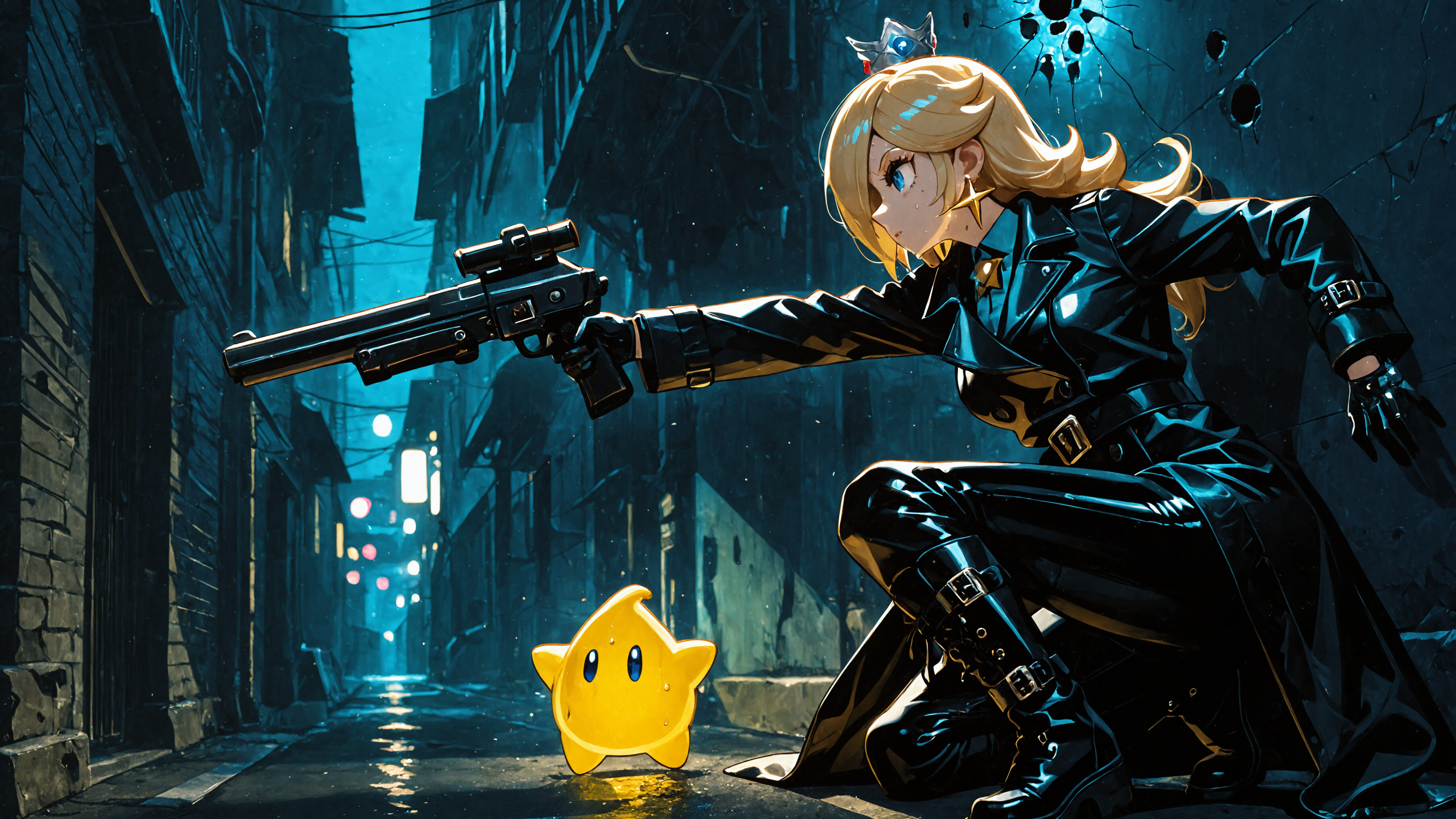 Une illustration de style manga représentant la princesse Rosalina de Super Mario, vêtue d’un long manteau et d’un pantalon en cuir noir, à genoux dans une ruelle sombre, et pointant un fusil de sniper. Une petite créature jaune lumineuse, une Luma, flotte à ses côtés.