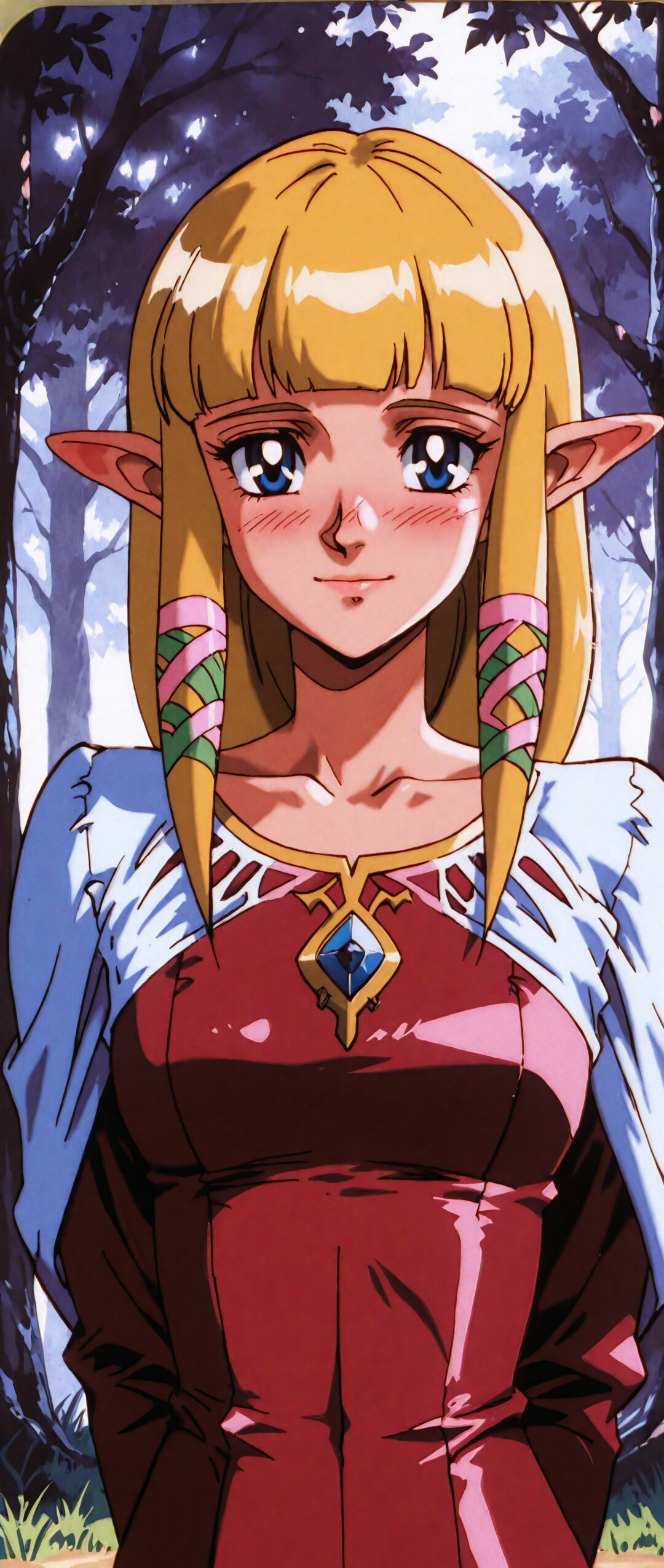 Une illustration de la princesse Zelda tirée du jeu Skyward Sword, représentée dans le style des dessins animés des années 90. Elle a de longs cheveux blonds, des oreilles pointues et des yeux bleus, et ses joues sont légèrement rosies, avec un doux sourire. Elle porte une robe rose et rouge, ainsi qu’un châle blanc, dans une forêt.
