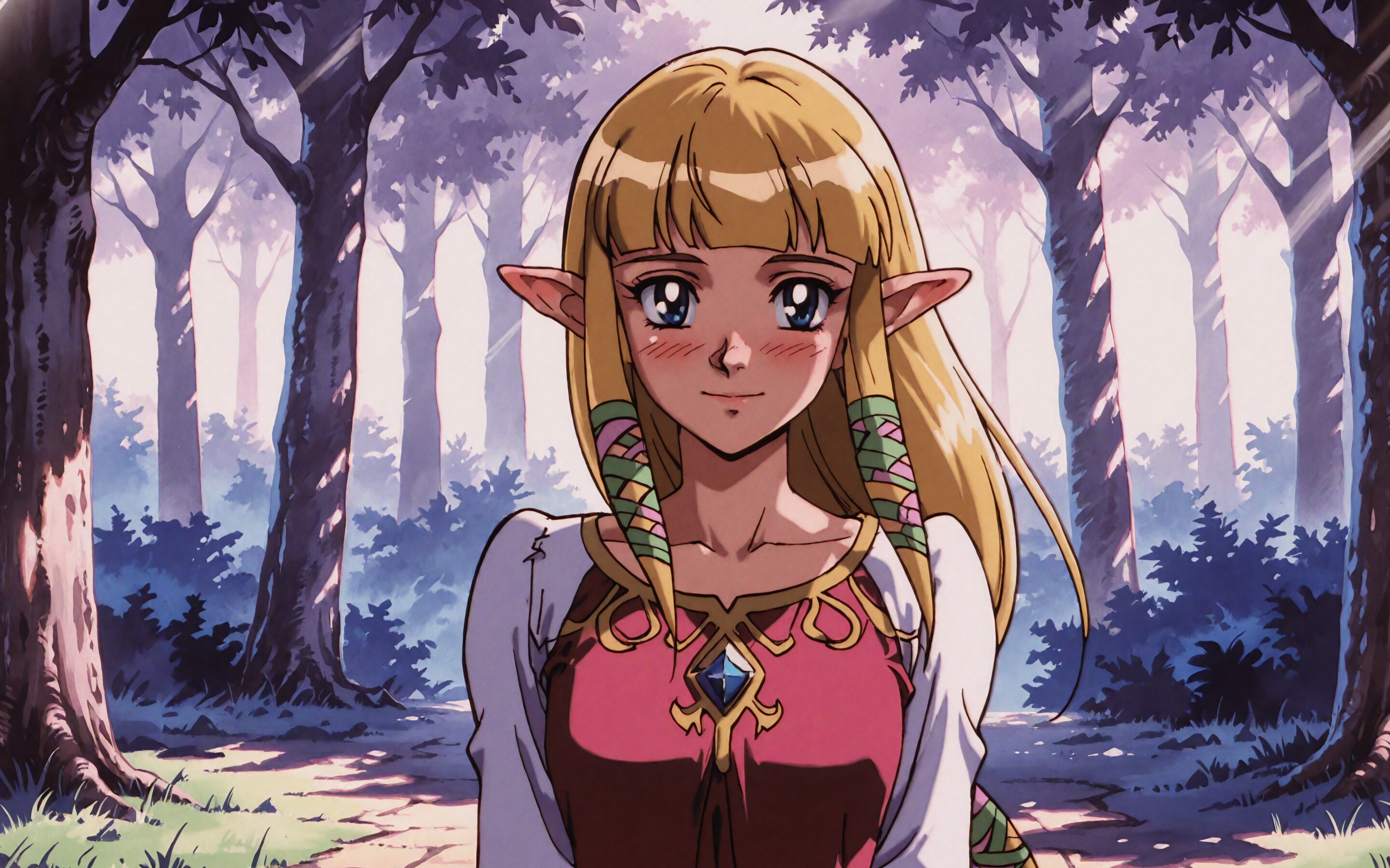 Une illustration de la princesse Zelda tirée du jeu Skyward Sword, représentée dans le style des dessins animés des années 90. Elle a de longs cheveux blonds, des oreilles pointues et des yeux bleus, et ses joues sont légèrement rosies, avec un doux sourire. Elle porte une robe rose et rouge, ainsi qu’un châle blanc, dans une forêt.