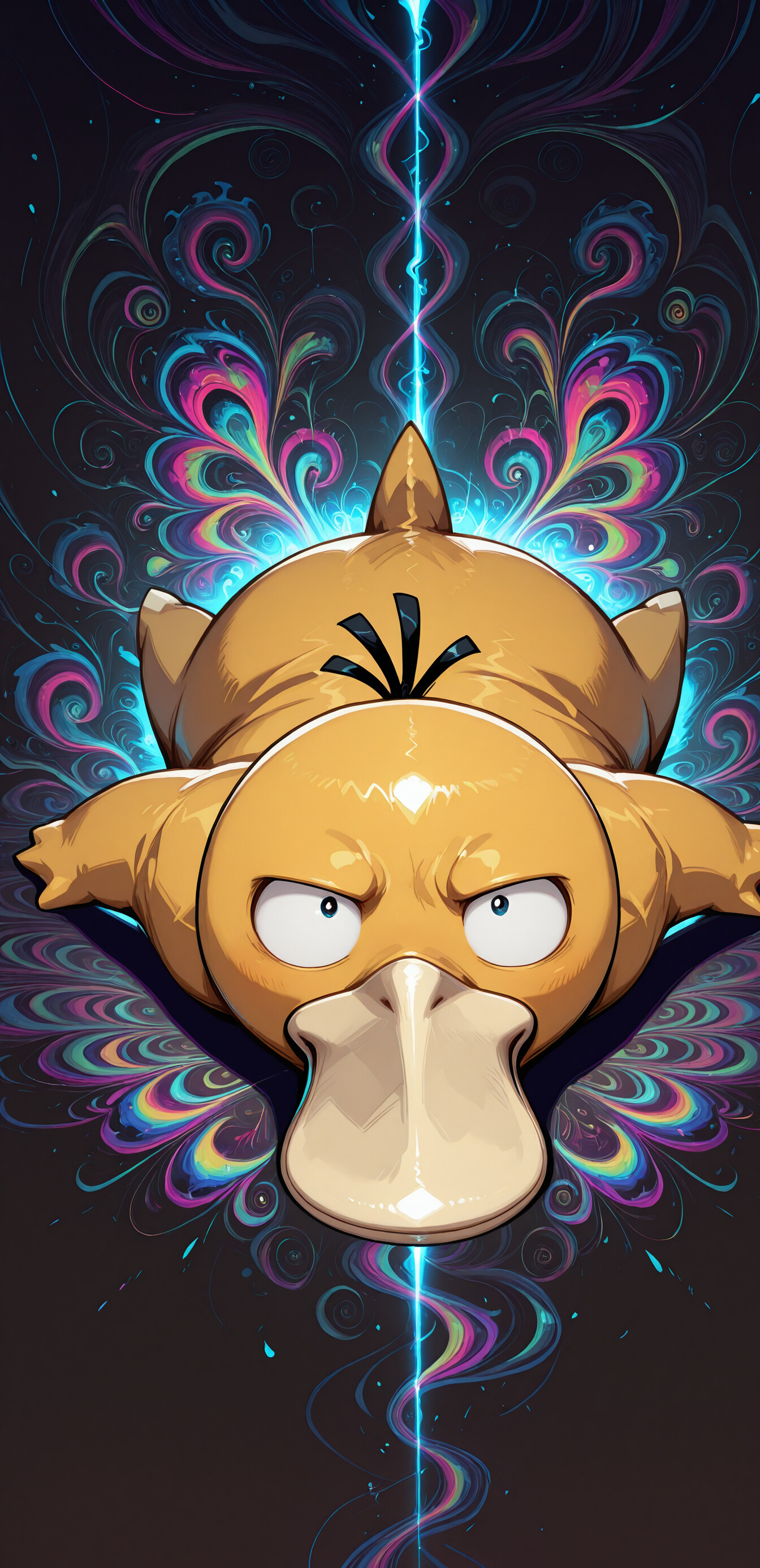 Le Pokémon Psyduck est au centre de l’image, avec une expression confuse et stressée, les yeux grands ouverts et les sourcils froncés. Derrière lui, un fond sombre est illuminé par un motif psychédélique symétrique, composé de couleurs vives et tourbillonnantes, dans les tons rose, bleu, jaune et vert.