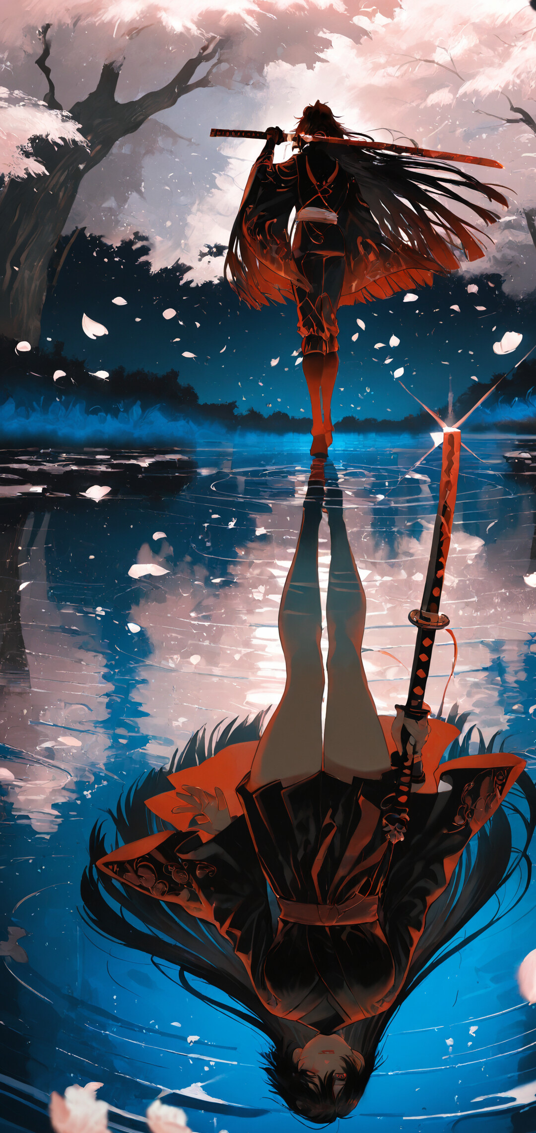 Une illustration de Sasuke Uchiha, personnage de Naruto, dans un style manga, où il se tient sur l’eau sous un ciel nocturne, avec des cerisiers en fleurs. Son reflet dans l’eau révèle son véritable visage, créant ainsi un thème de dualité.