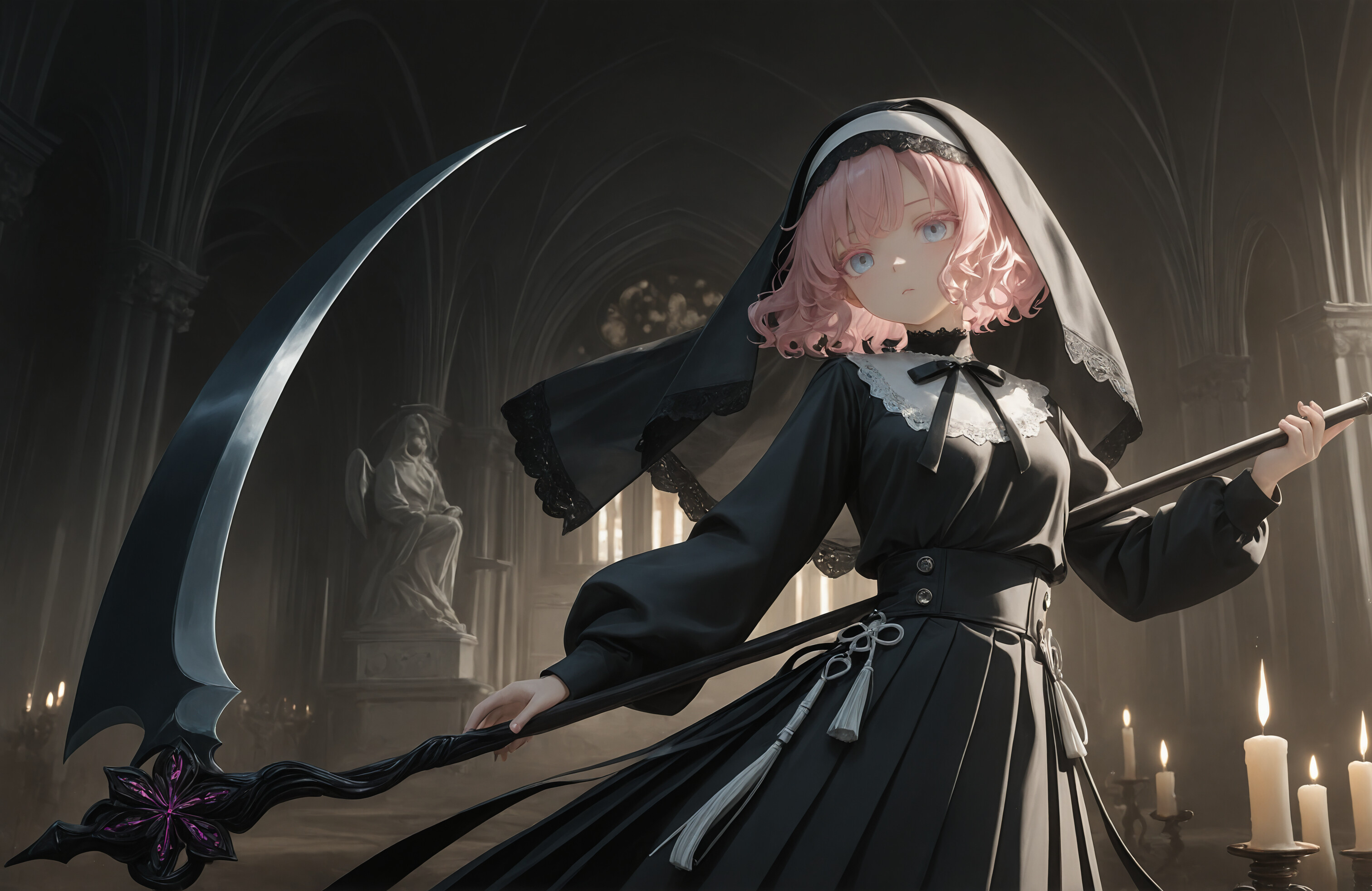 Une jeune fille d’anime aux cheveux courts et roses et aux yeux bleus, vêtue d’une tenue de nonne composée d’une robe et d’un voile noirs, se tient à l’intérieur d’une église gothique sombre, tenant une grande et ornée faux qu’elle a teint en violet et en noir.