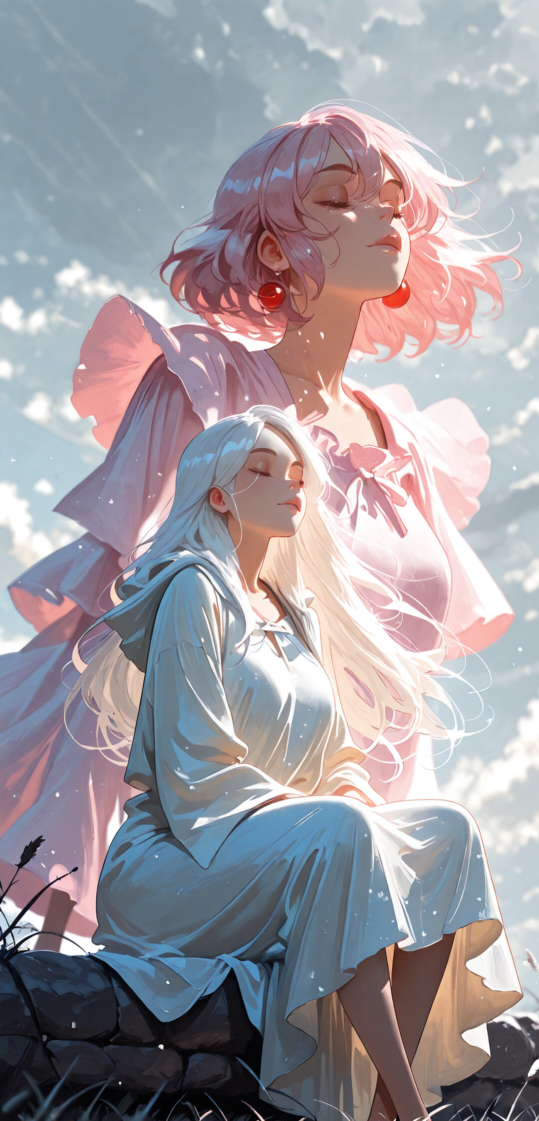 Une peinture numérique de style manga représentant une jeune femme aux longs cheveux blancs, vêtue d’une robe rose à capuche, assise en tailleur sur un champ de pétales roses. Ses yeux sont fermés, comme absorbée dans la méditation, tandis qu’une seule étoile lumineuse brille au-dessus d’elle dans le ciel sombre et nuageux.