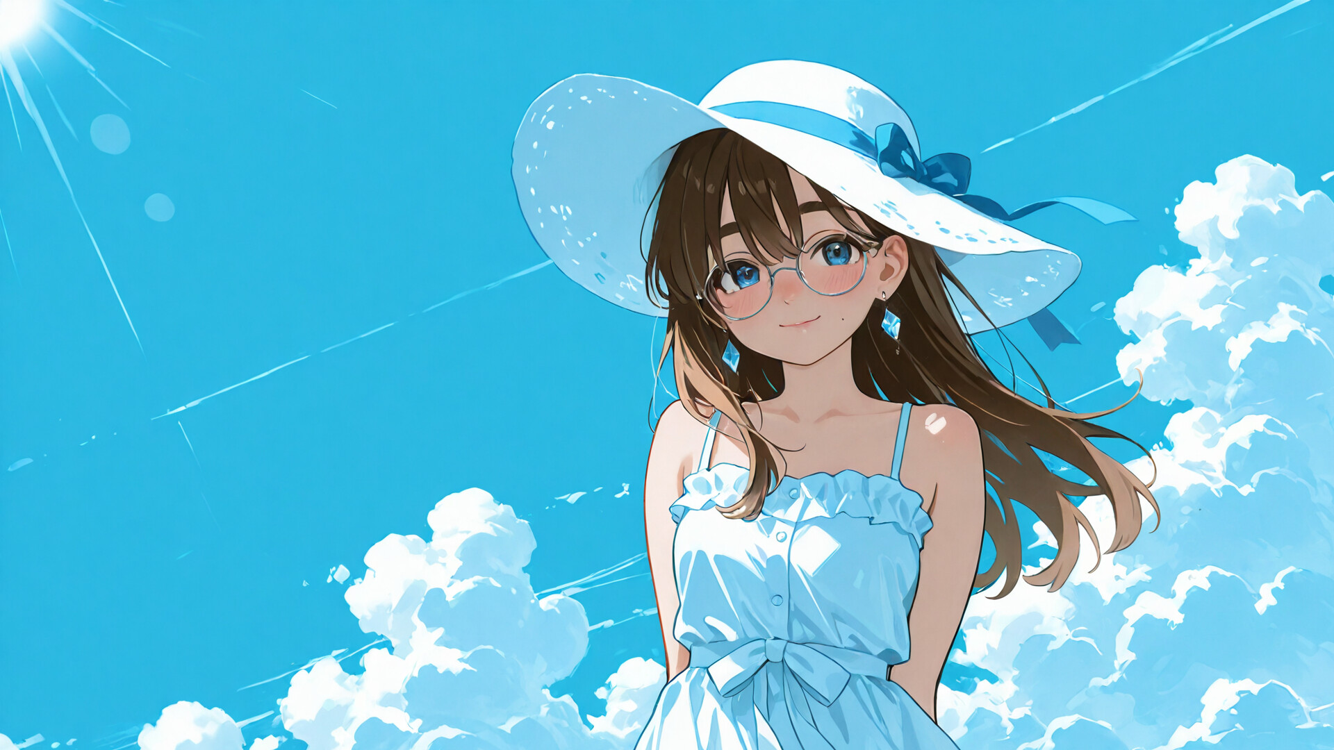 Une jeune fille au style manga, avec de longs cheveux bruns, des yeux bleus et des lunettes rondes, portant un chapeau de soleil blanc et une robe d’été bleu clair, et souriant devant un ciel bleu vif parsemé de nuages.