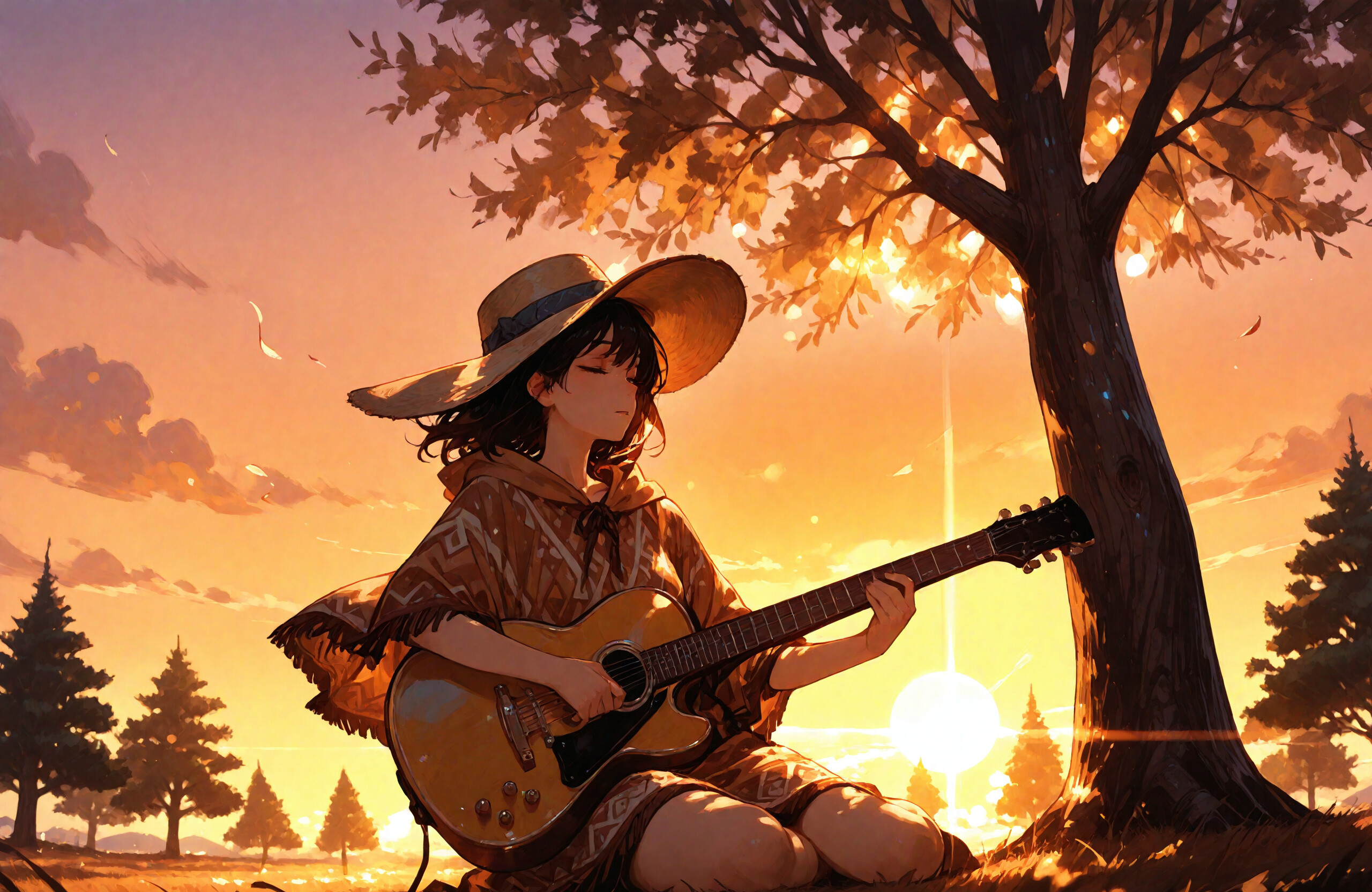 Une jeune fille au style manga, avec des cheveux foncés, portant un poncho et un chapeau à larges bords, est assise adossée à un grand arbre au coucher du soleil, et joue paisiblement de la guitare acoustique.