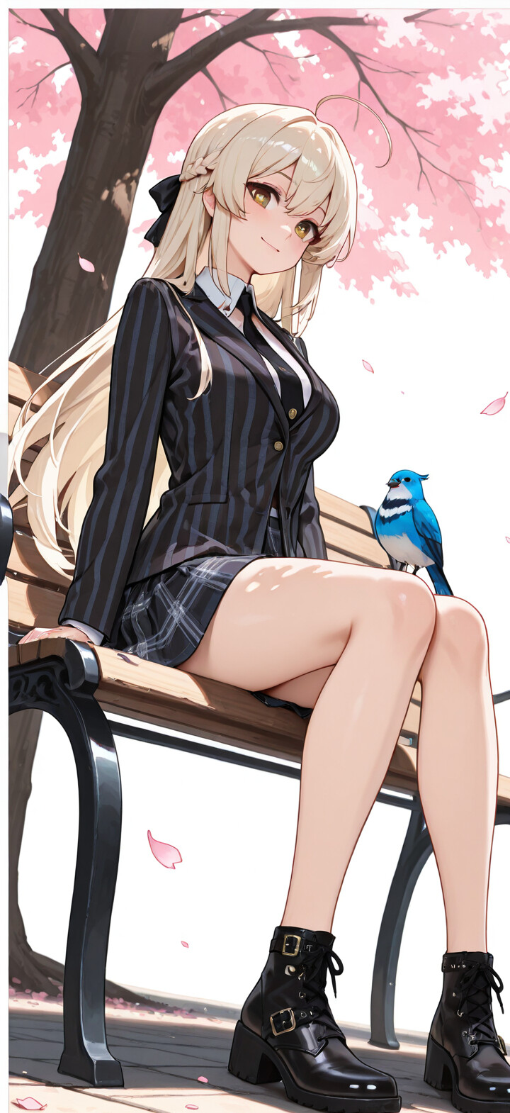 Illustration complète du corps de Tendou Arisu, personnage de Blue Archive, assise sur un banc brun dans un parc. Elle a de longs cheveux blonds, une auréole, et porte une veste noire à rayures, une jupe à carreaux verts et des bottes noires. Un grand cerisier se trouve derrière elle, et deux petits oiseaux bleus sont perchés sur le banc.