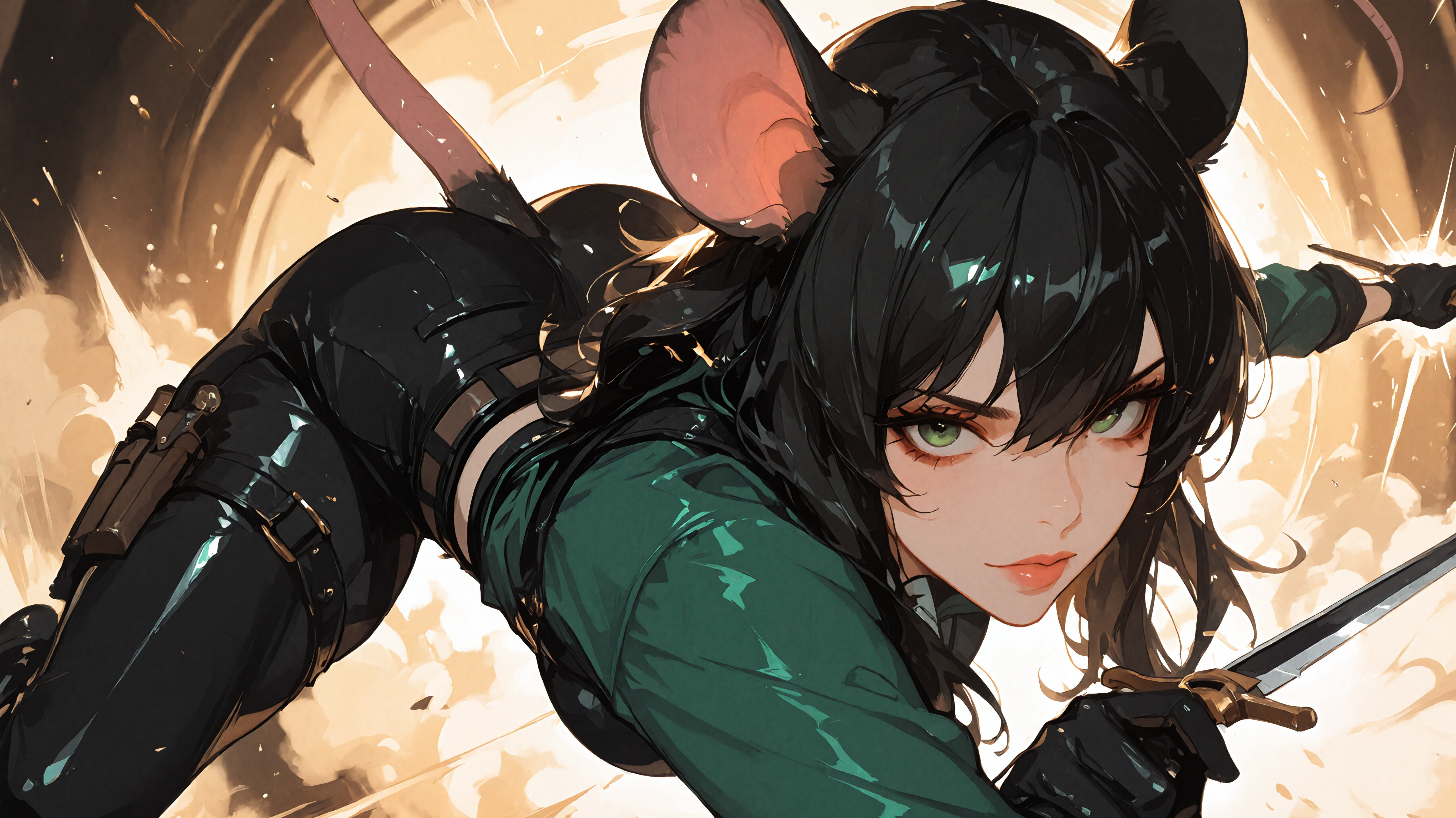 Une jeune femme, personnage d’anime, aux cheveux noirs, aux yeux verts, aux grandes oreilles de souris et à la longue queue de souris, vêtue d’une chemise verte et d’un pantalon noir, est allongée sur un sol carrelé blanc et regarde directement l’objectif de la caméra.