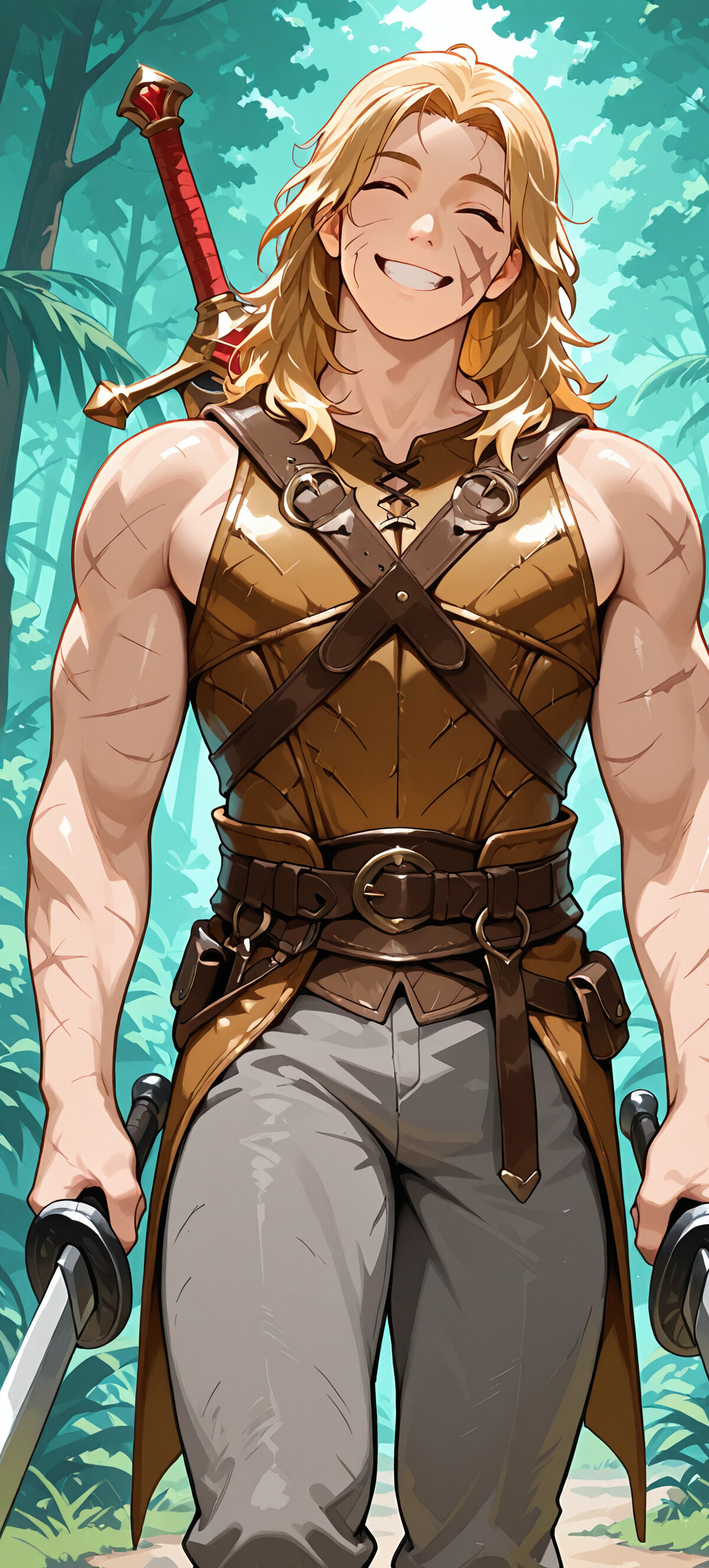 Un jeune homme musclé, aux longs cheveux blonds et au grand sourire radieux, vêtu d’une armure de cuir marron et tenant deux épées dans une forêt verdoyante.