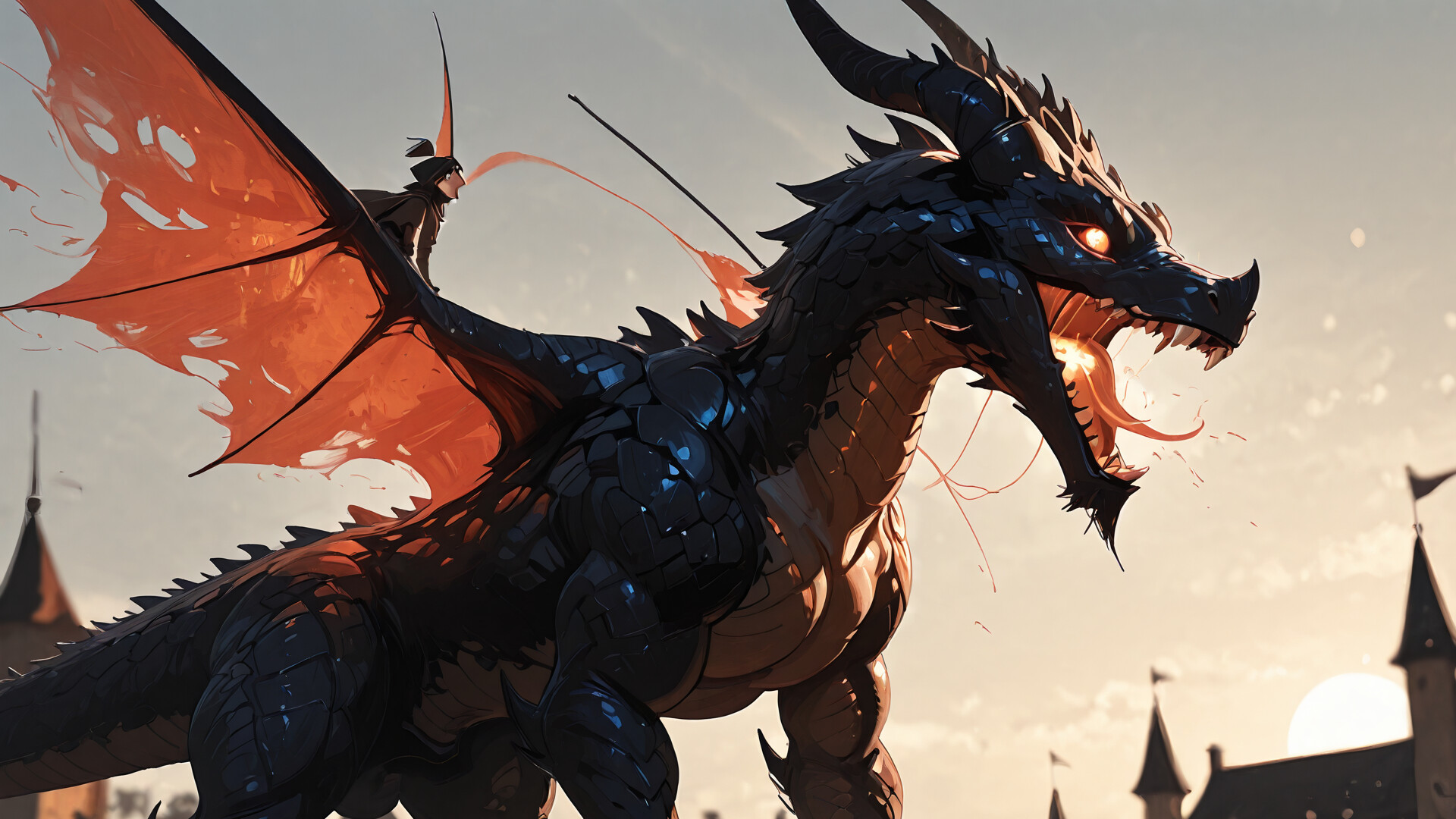 Un grand dragon serpentin, resplendissant de feu et de flammes, se tient majestueusement sur la plus haute tour d’un château gothique sombre, au crépuscule.