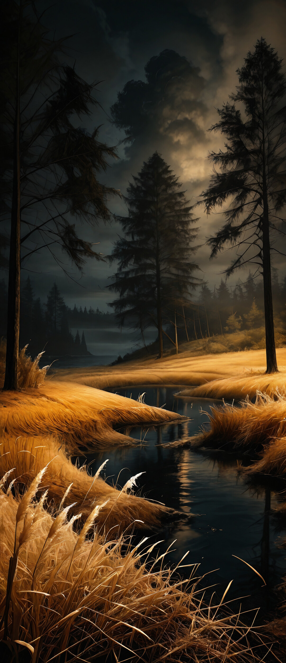 Une image picturale d’un chemin de terre sinueux qui traverse un champ doré d’herbes hautes en direction de l’océan, encadrée par de sombres pins sous un ciel nuageux de nuit.