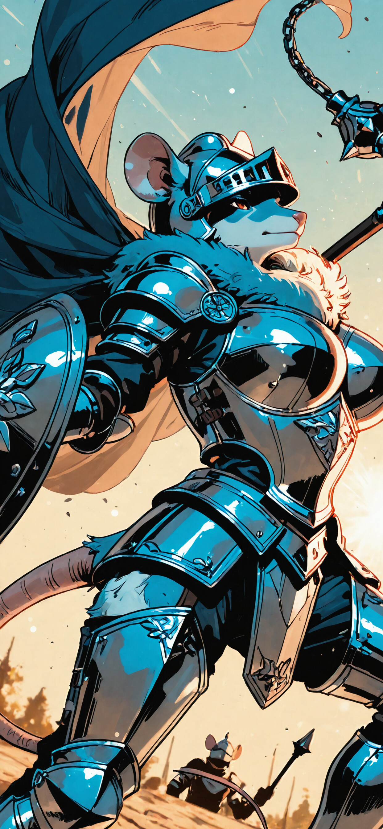 Une illustration numérique représentant une guerrière souris anthropomorphe, entièrement revêtue d’une armure de plaques et d’un casque, tenant une masse d’armes, avec une cape rouge flottant derrière elle. Son visage exprime une détermination sans faille.