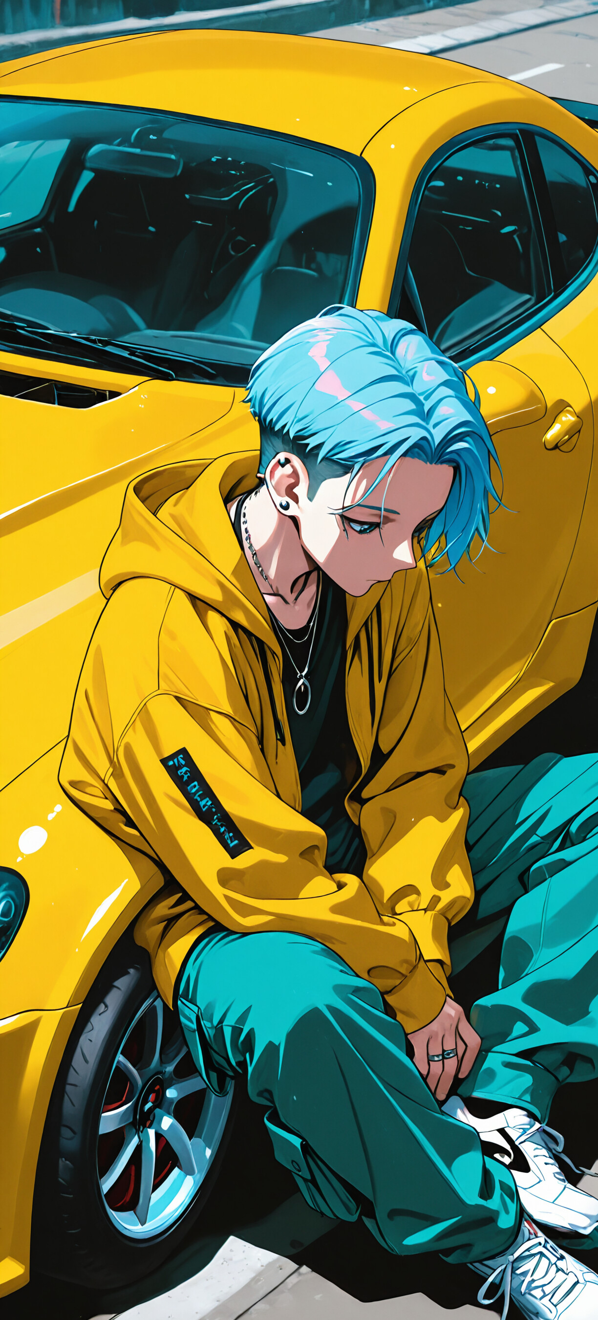 Une illustration de style manga représentant un jeune homme aux cheveux bleus et portant une veste jaune, assis sur le capot d’une voiture de sport jaune, et qui regarde vers le bas.