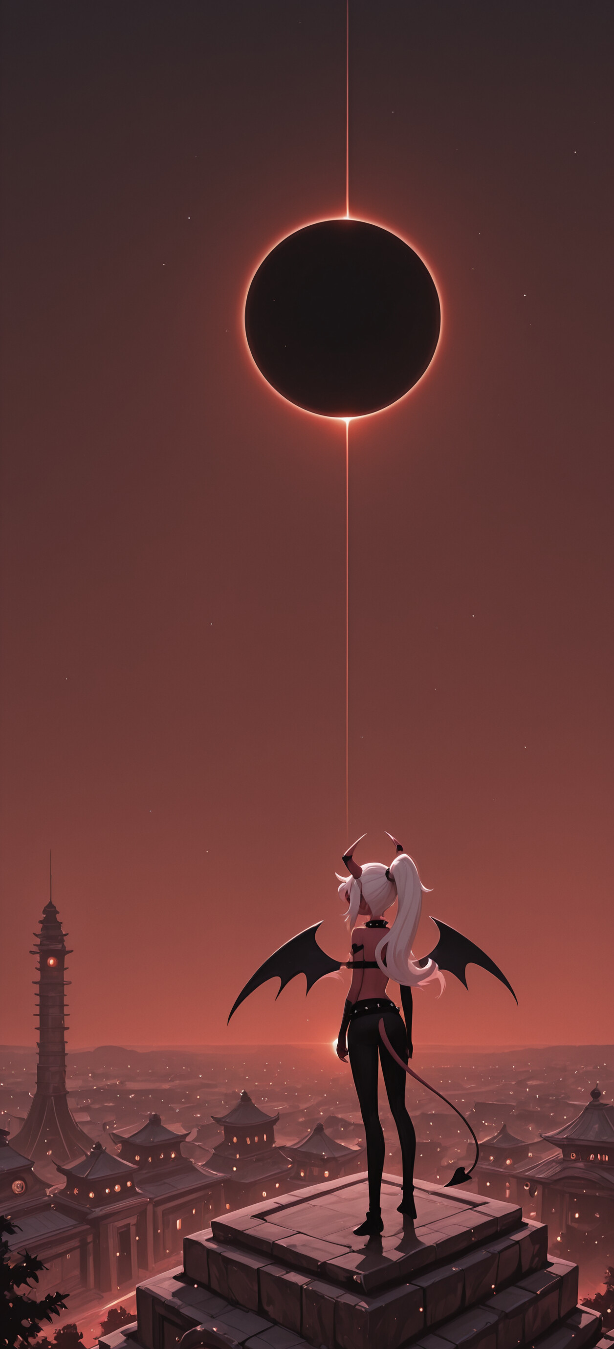 Verosika Mayday, un personnage diabolique aux longs cheveux blancs, aux cornes et aux ailes, se tient au sommet d’une montagne et contemple un paysage infernal, avec un grand pagodon sous une éclipse solaire totale.