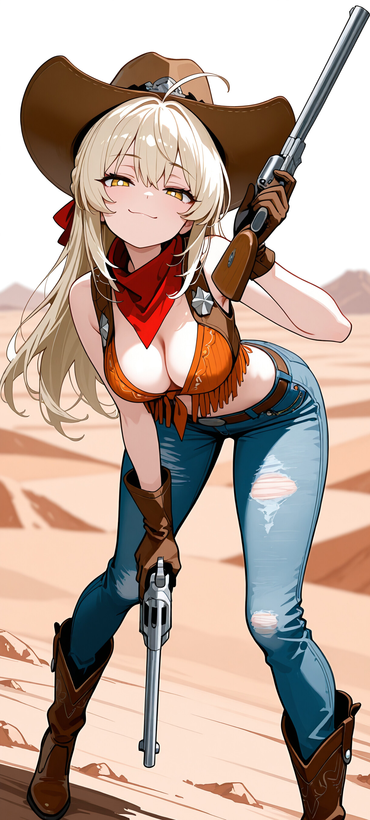 Une illustration de style manga représentant une cowgirl blonde, identifiée comme Lumine, un personnage du jeu Genshin Impact, dans un désert. Elle porte un chapeau de cowboy, un gilet à franges et un jean déchiré, et elle sourit d’un air satisfait tout en pointant un revolver vers le spectateur.