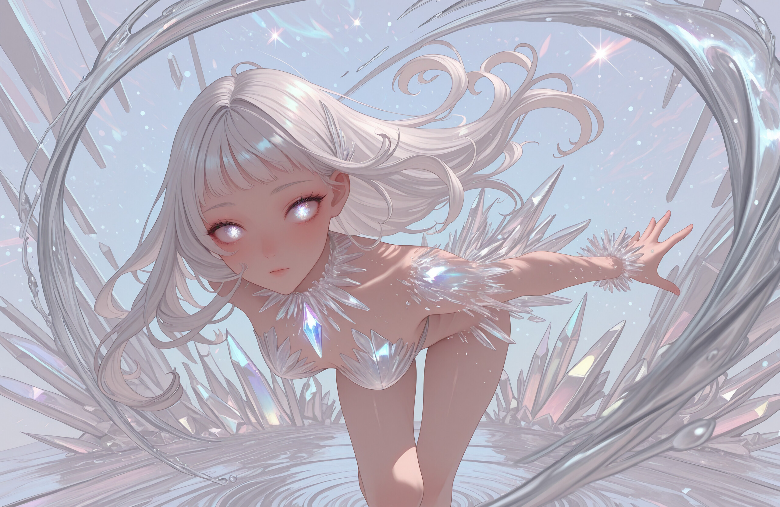 Une illustration représentant une jeune fille d’anime en pied, avec de longs cheveux blancs, debout dans l’eau. Elle a une lumière scintillante sur la poitrine et est entourée de grands cristaux irisés et de volutes d’eau tourbillonnantes.