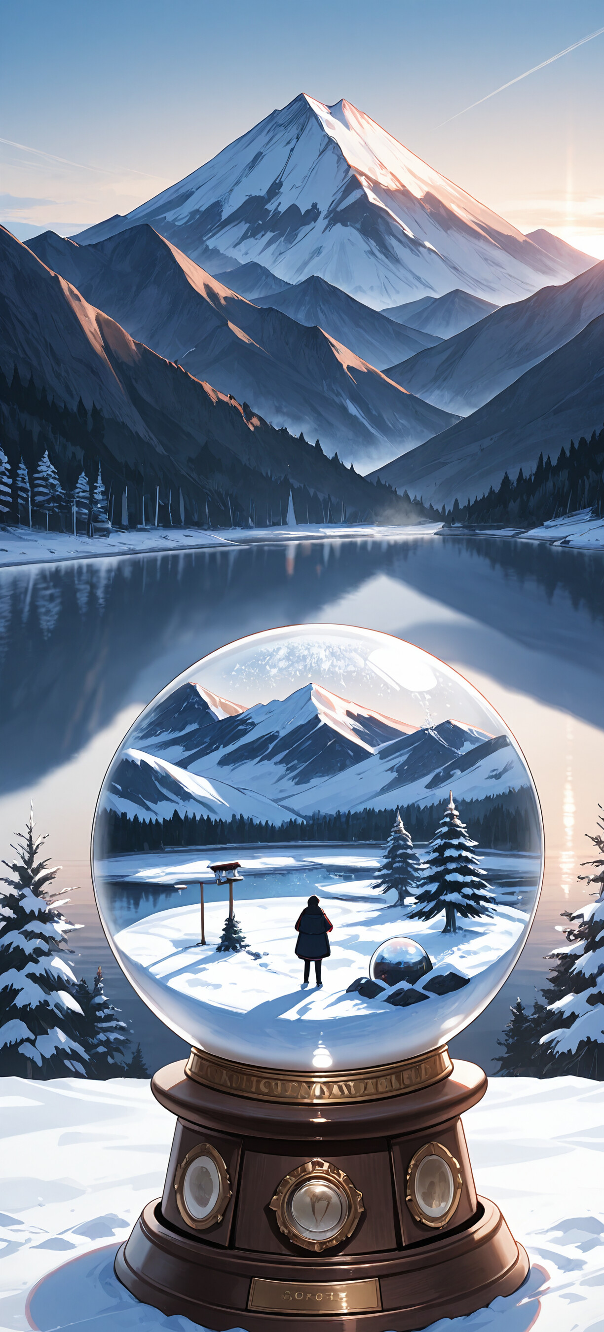 Une boule à neige en verre contenant une miniature d’un paysage hivernal avec une cabane et des arbres, le tout placé sur un décor réaliste représentant une chaîne de montagnes enneigées et un lac paisible au lever du soleil.