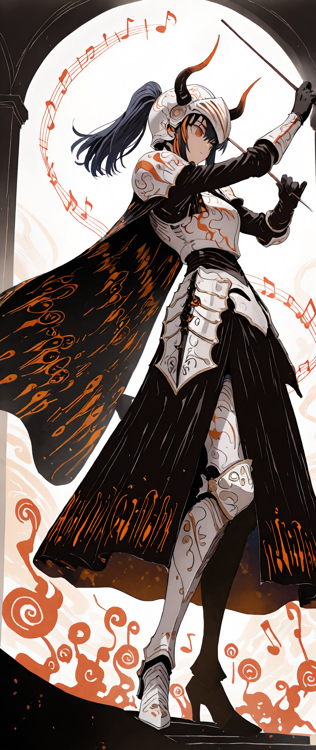 Une illustration de style manga représentant le personnage Yaneko Uta en tant que chef d’orchestre chevaleresque. Elle porte une armure blanche et argentée ornée, une cape noire et un casque à cornes. Elle tient deux baguettes de chef d’orchestre et se tient au milieu d’un tourbillon de notes de musique orange lumineuses.